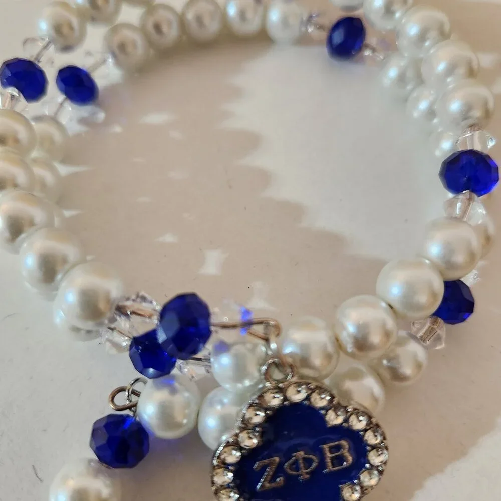 Handcrafted Zeta Phi Beta Charm Wrap Memory Wire Pearl Bracelet